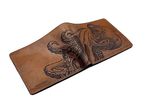 Personalized leather men's wallet, octopus pattern wallet, ocean sea summer gift for him, christmas gift idea for men, sea lover present