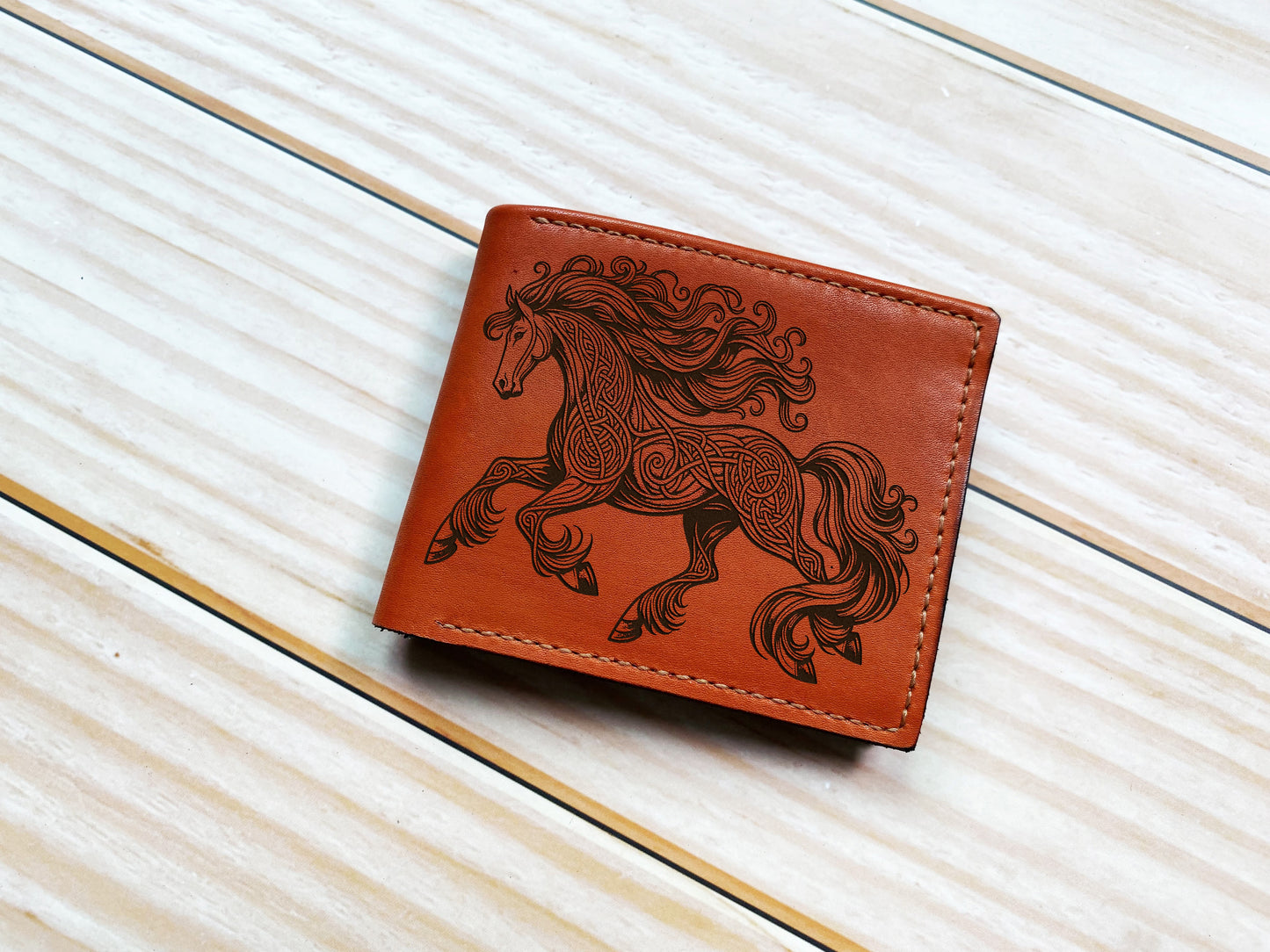 Custom leather gift for men, Celtic pattern leather wallet, horse gift for boyfriend, wallet for husband, horse art leather anniversary gift