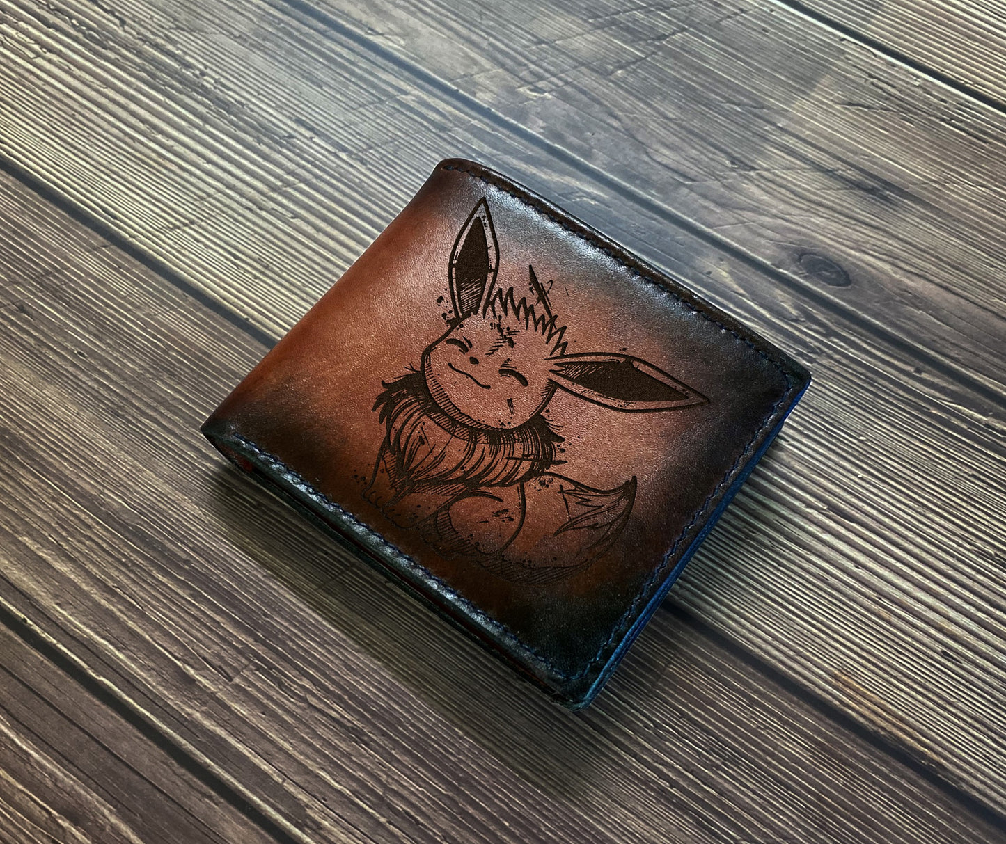 Eevee drawing cute art, custom genuine leather men's wallet, bifold pokemon men's wallet, wallet for kid, pokemon birthday present for him