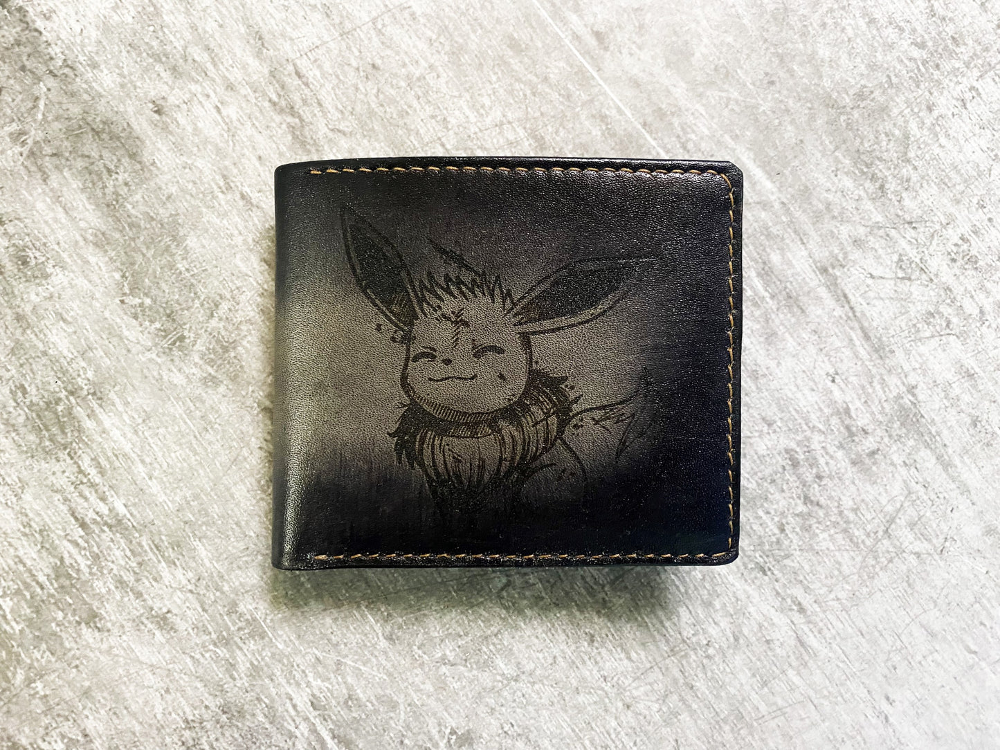 Eevee drawing cute art, custom genuine leather men's wallet, bifold pokemon men's wallet, wallet for kid, pokemon birthday present for him