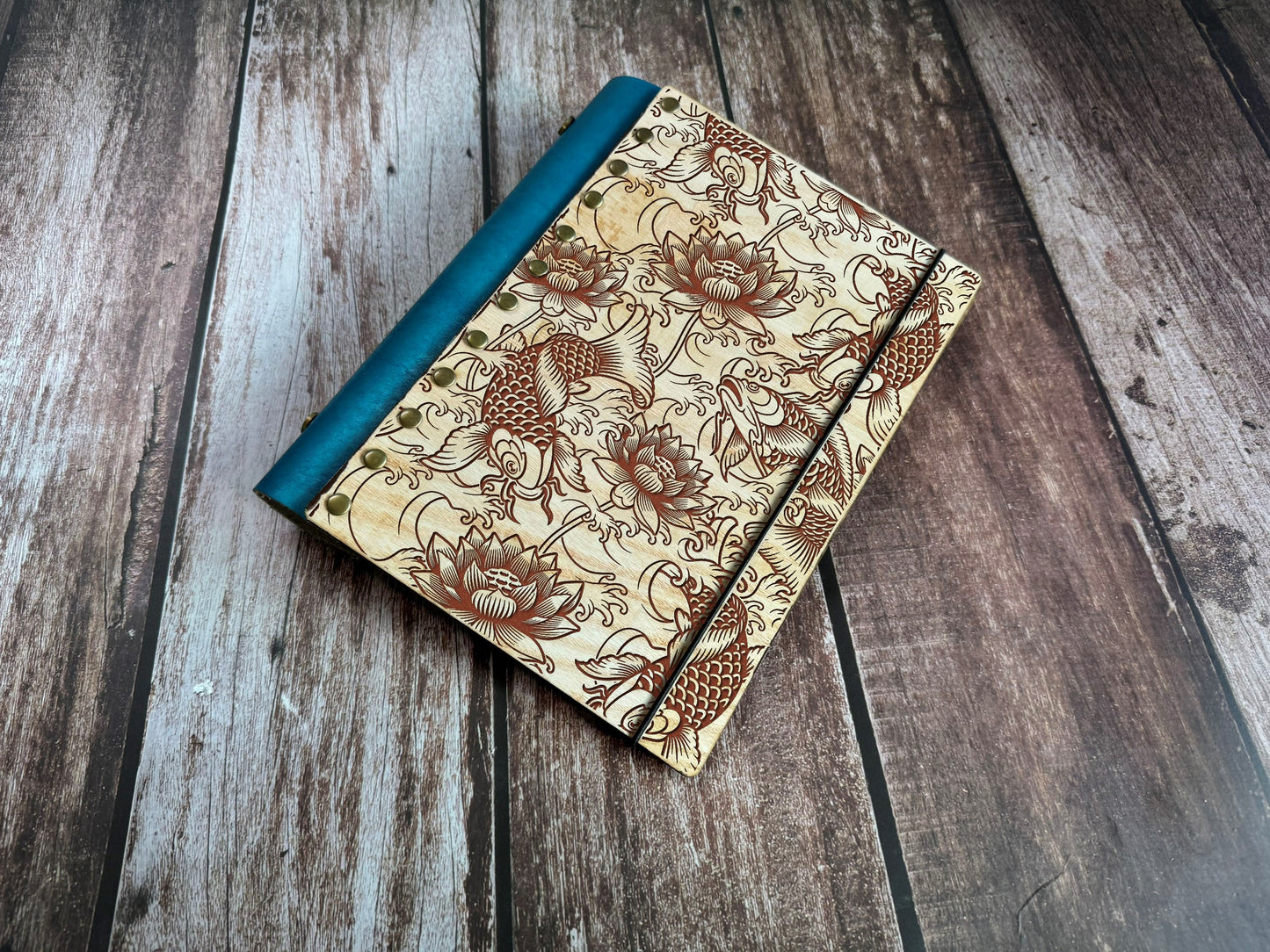 Koi fish wooden journal, Japanese pattern style journal, leather wood journal, notebook, customized refill wood journal, personalized gifts