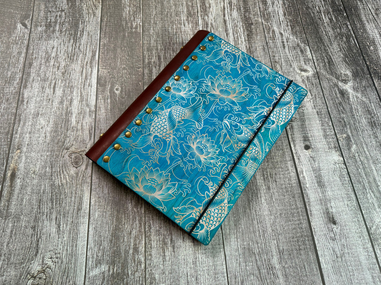 Koi fish wooden journal, Japanese pattern style journal, leather wood journal, notebook, customized refill wood journal, personalized gifts