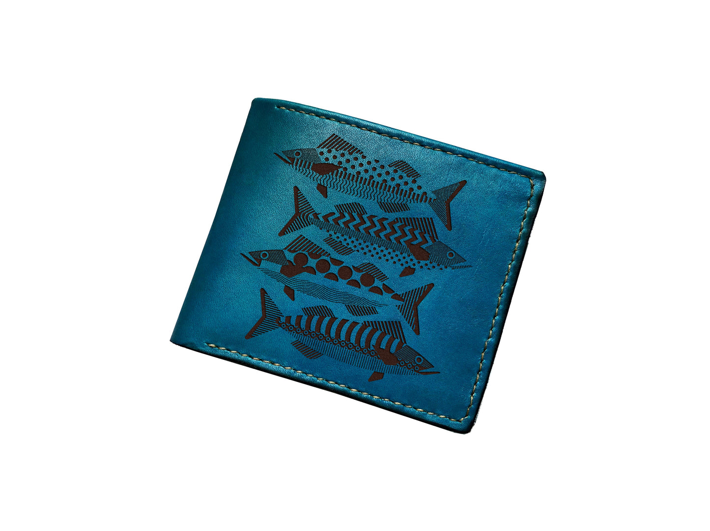 Fish pattern leather men's wallet, bifold ID card wallet, mini wallet with name engrave