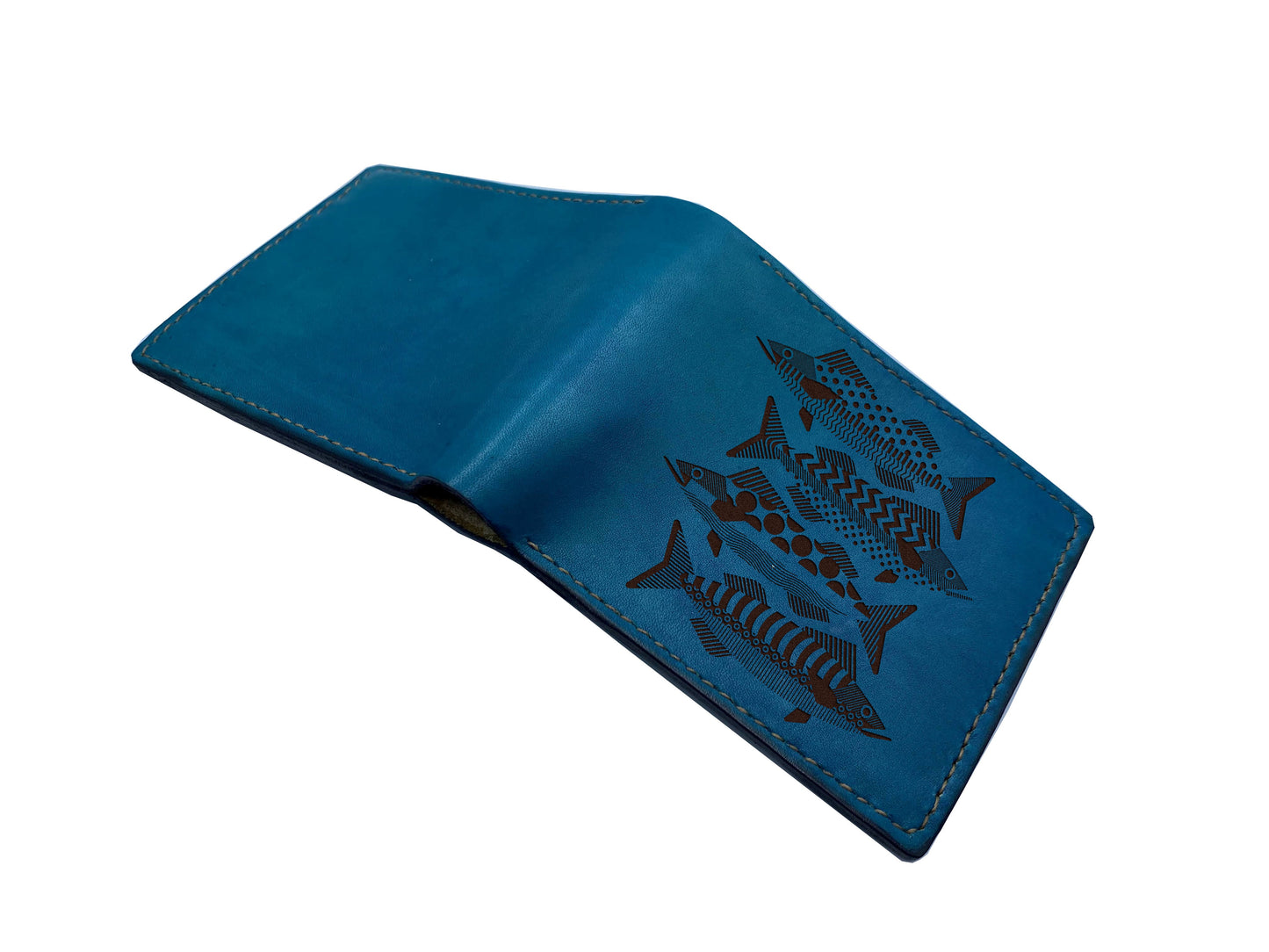 Fish pattern leather men's wallet, bifold ID card wallet, mini wallet with name engrave