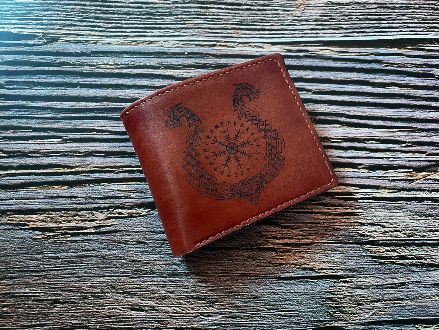 Custom leather men's wallet, norse runes celtic viking symbol wallet, bifold engraved wallet, gift for him