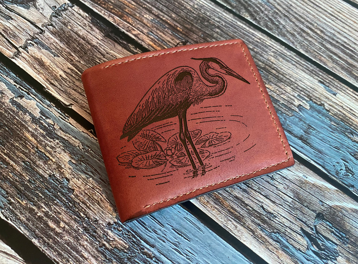 Mayan Corner - Grey heron leather men's wallet, custom engrave gift for him, Bird drawing art present, Gift for bird lovers