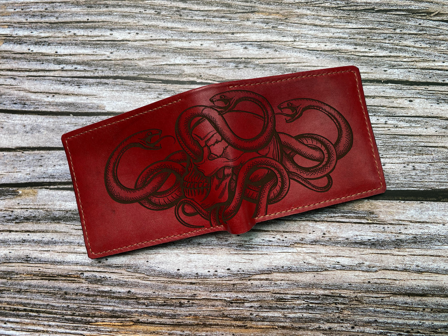 Human skull skeleton engrave pattern wallet, snake skull gift ideas, snake wallet for husband, boyfriend