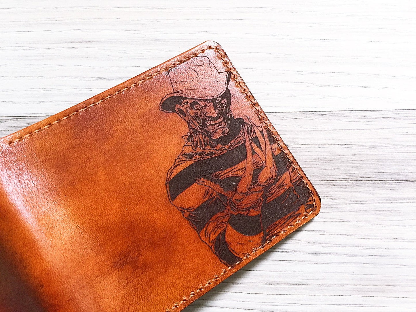 Freddy Krueger leather handmade wallet, custom horror wallet, personalized gift for men in Halloween