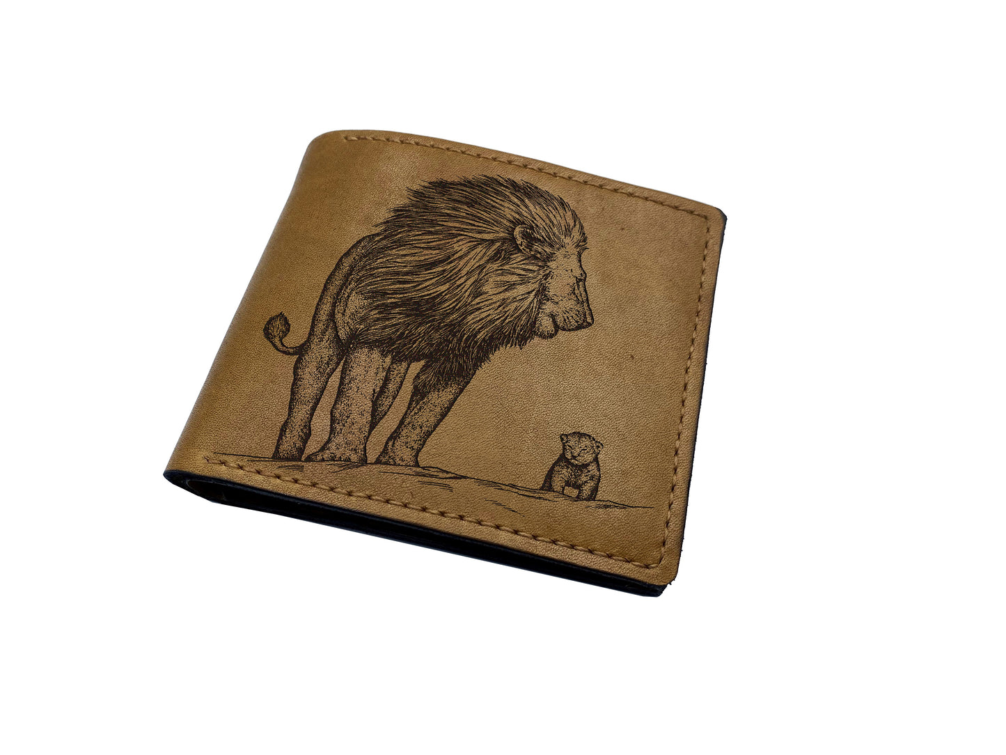 Animal pattern leather men's wallet, Lion cub drawing art wallet, Lion wallet for him, customized Father and son gift ideas