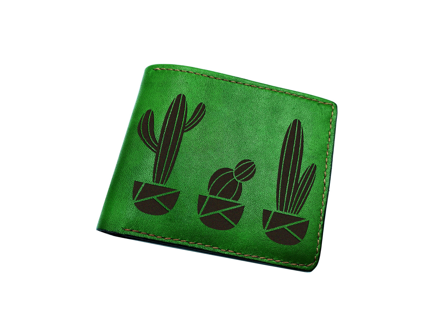 Personalized leather men's wallet, catus shape art present, plant inspired men's wallet