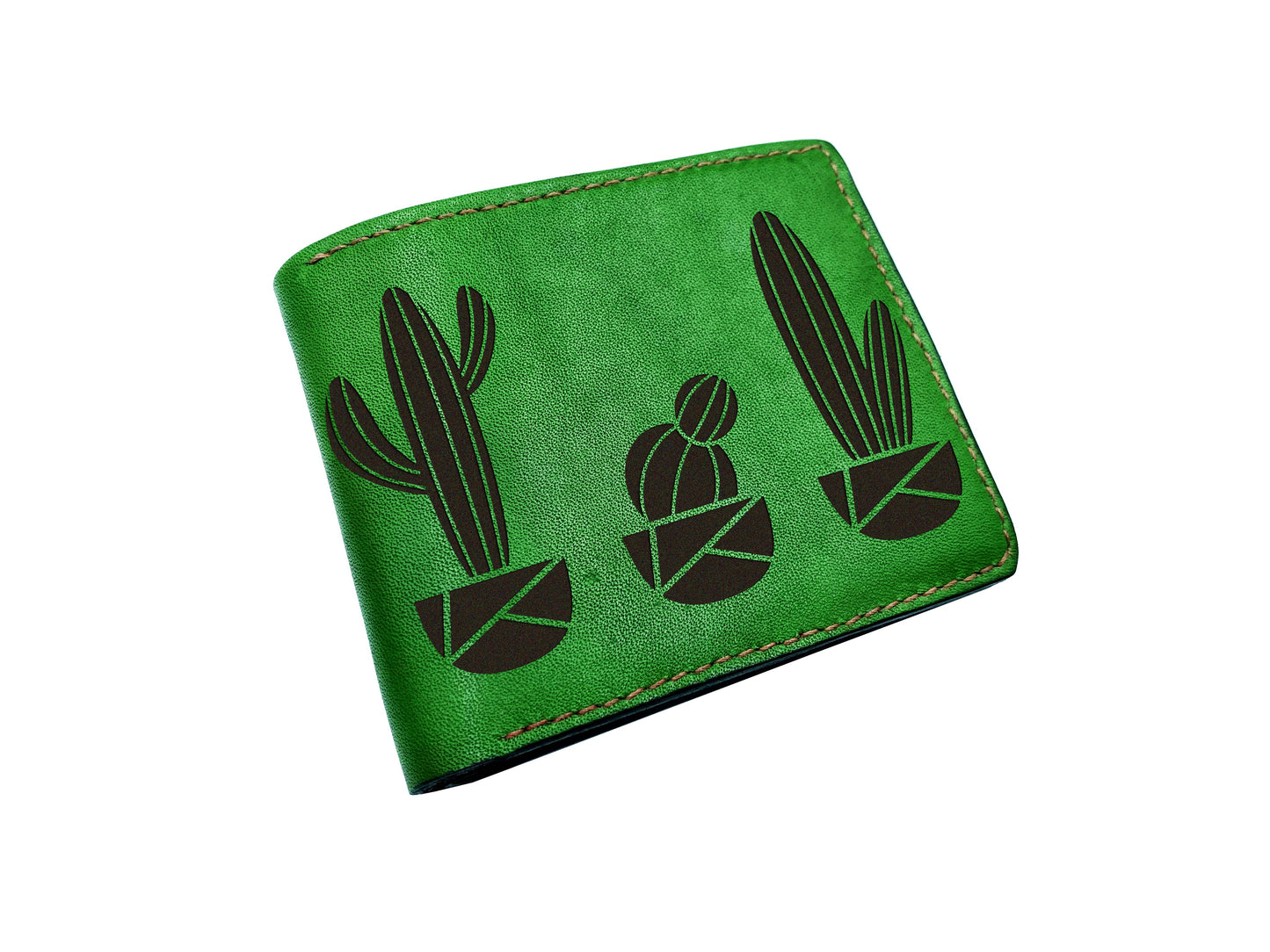 Personalized leather men's wallet, catus shape art present, plant inspired men's wallet