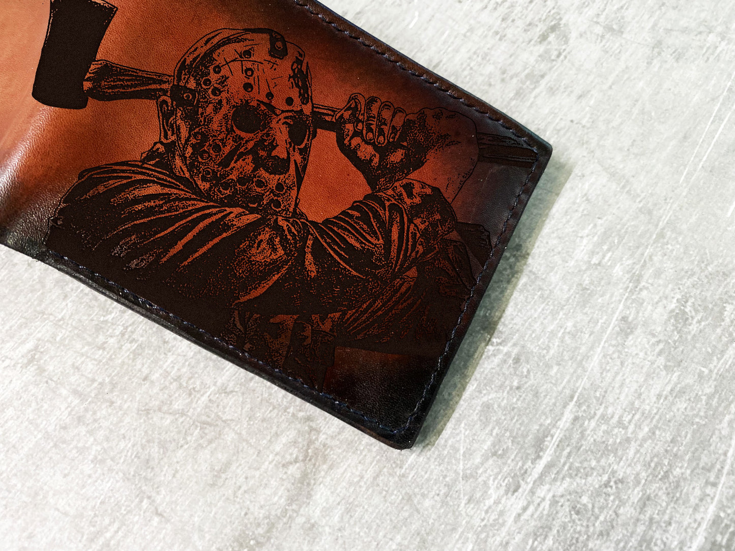 Jason Voorhees leather men's wallet, custom gift for men, horror characters movie present, Halloween gift for him, Friday the 13th men gift