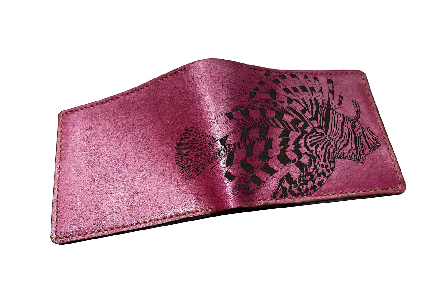 Personalized leather men's wallet, Lionfish art wallet, animal pattern present for men, ocean fish men gift