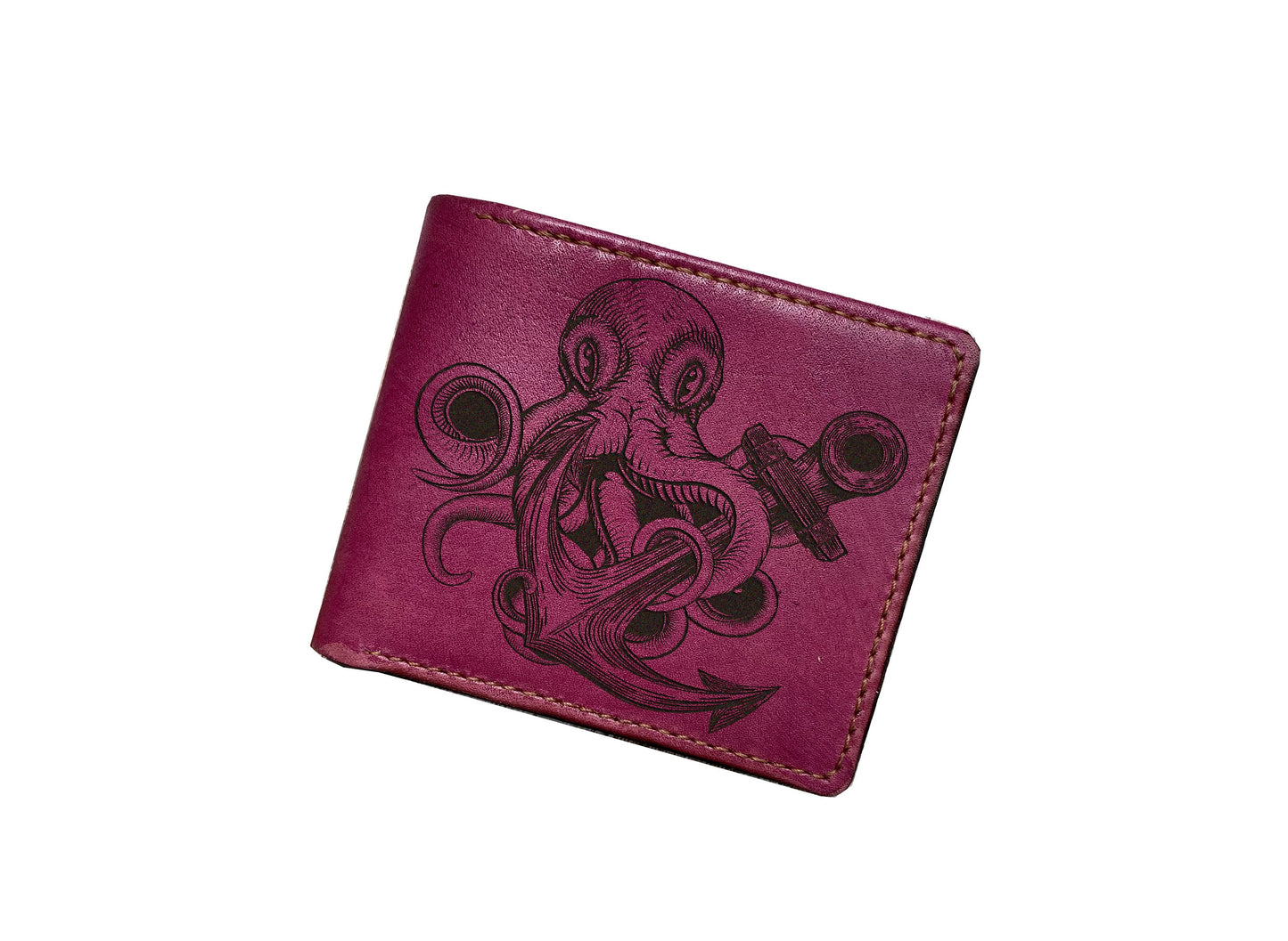 Octopus Kraken leather wallet, customized gift ideas for him, sailor seafarer present, steering wheel ocean art wallet for men