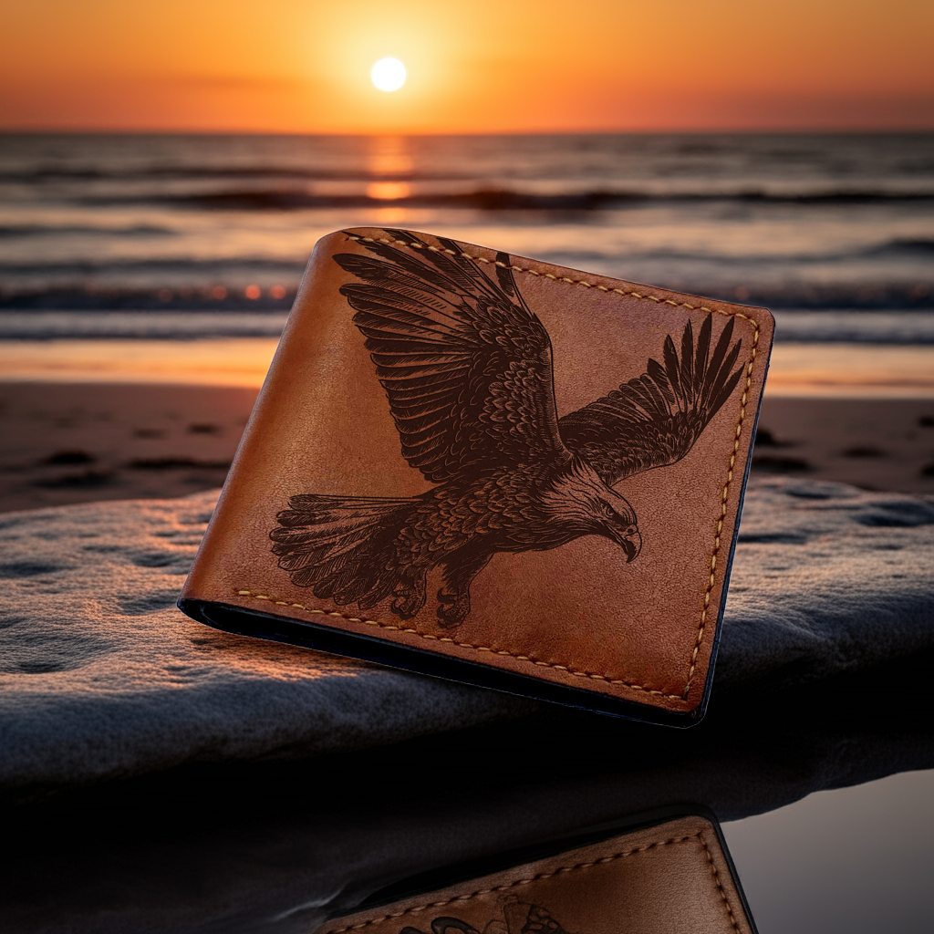 American Eagle drawing leather men's wallet, animal bird predator leather bag, Eagle men's gift, wallet for dad, husband, valentines gift