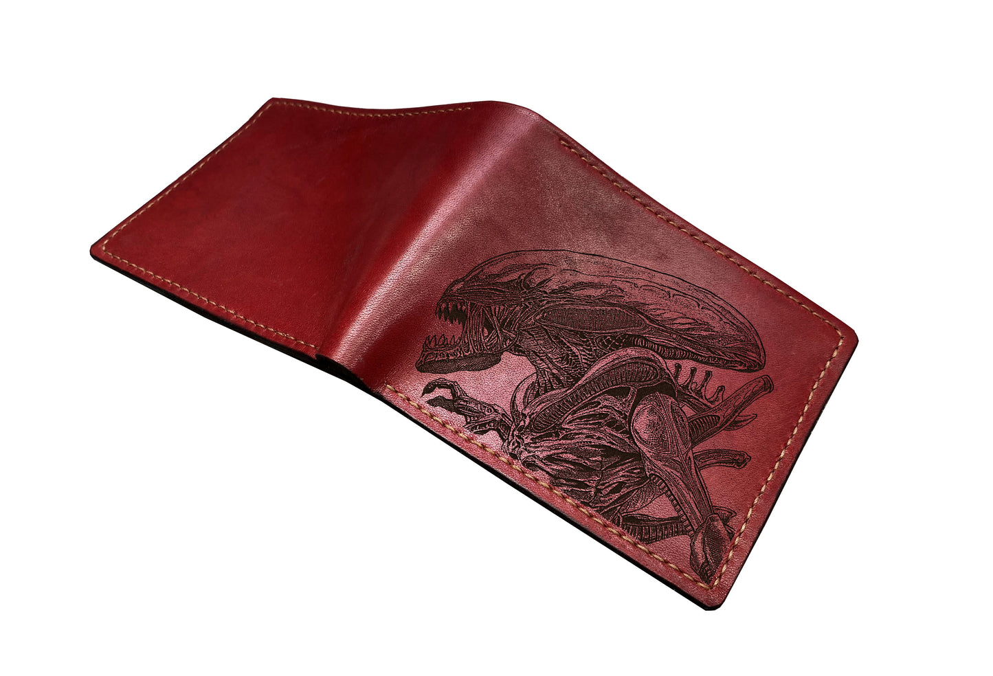 Pesonalized leather gift ideas, Alien Xenomorph art wallet, custom engrave gift ideas for men