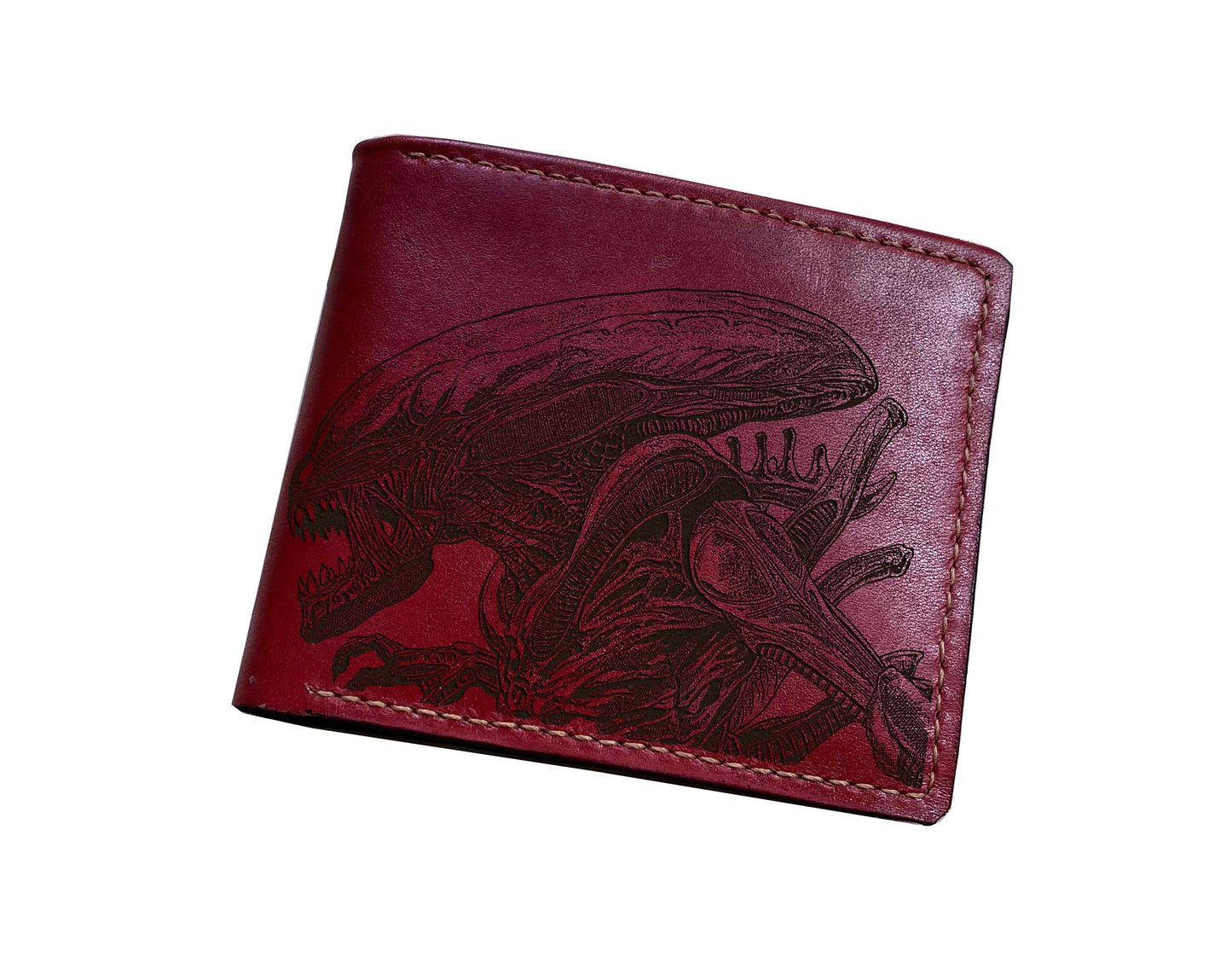 Pesonalized leather gift ideas, Alien Xenomorph art wallet, custom engrave gift ideas for men