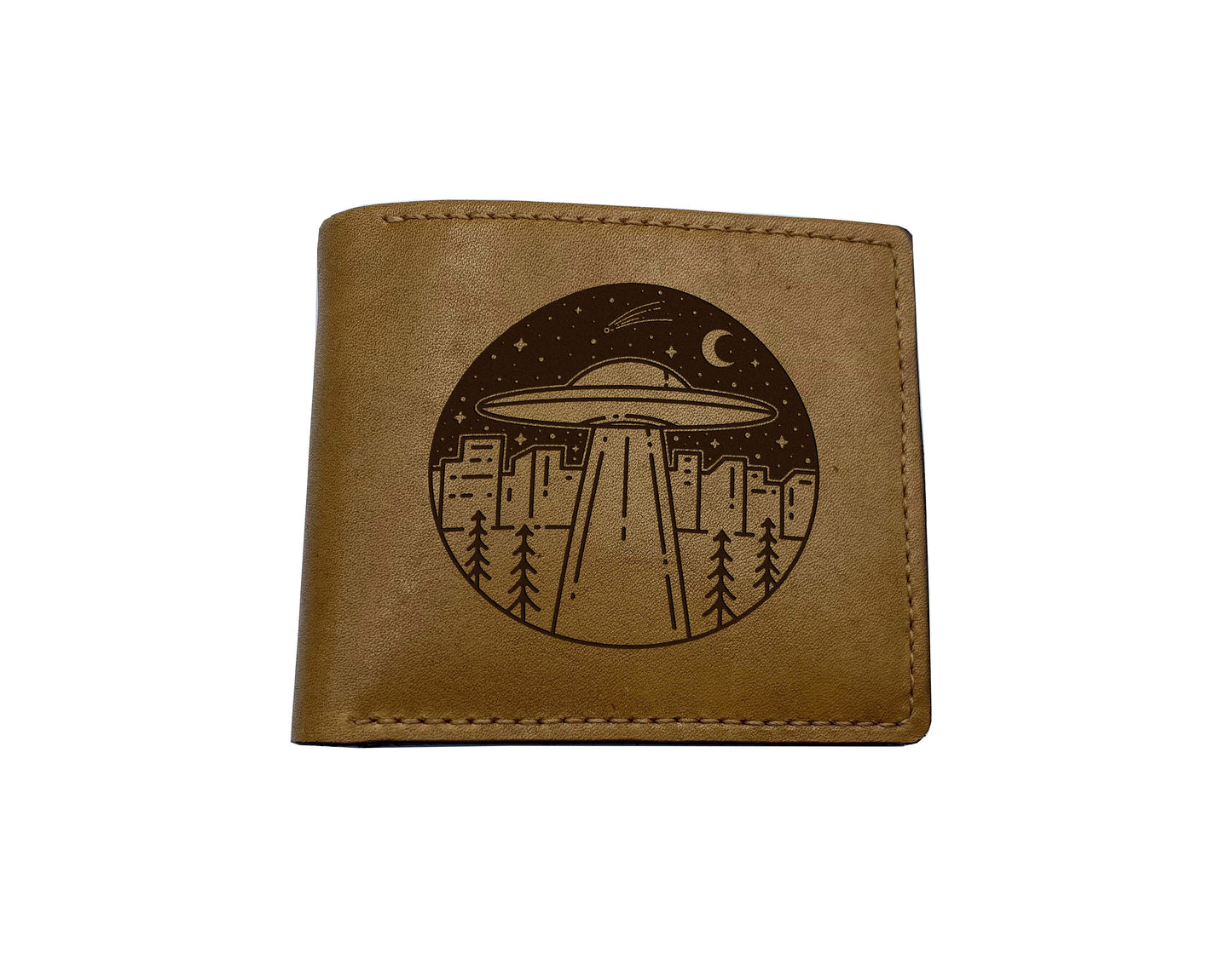 Alien UFO leather men's present, custom engrave gift ideas, Alien starship gift for boyfriend, leather anniversary fun art, wallet for boy