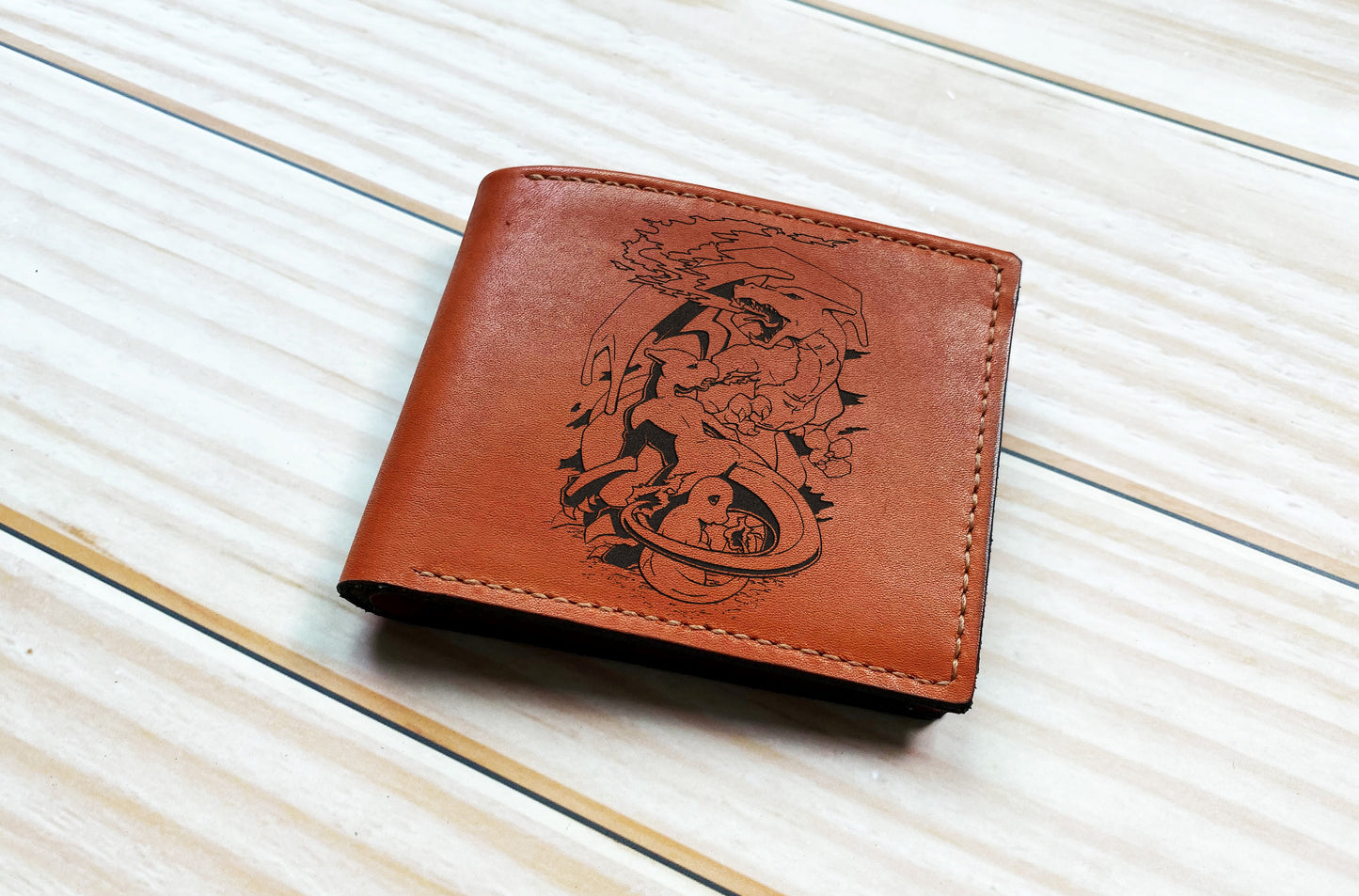 Charizard Chamander pokemon art leather wallet, personalized leather gift ideas, bifold genuine leather wallet, gift for him