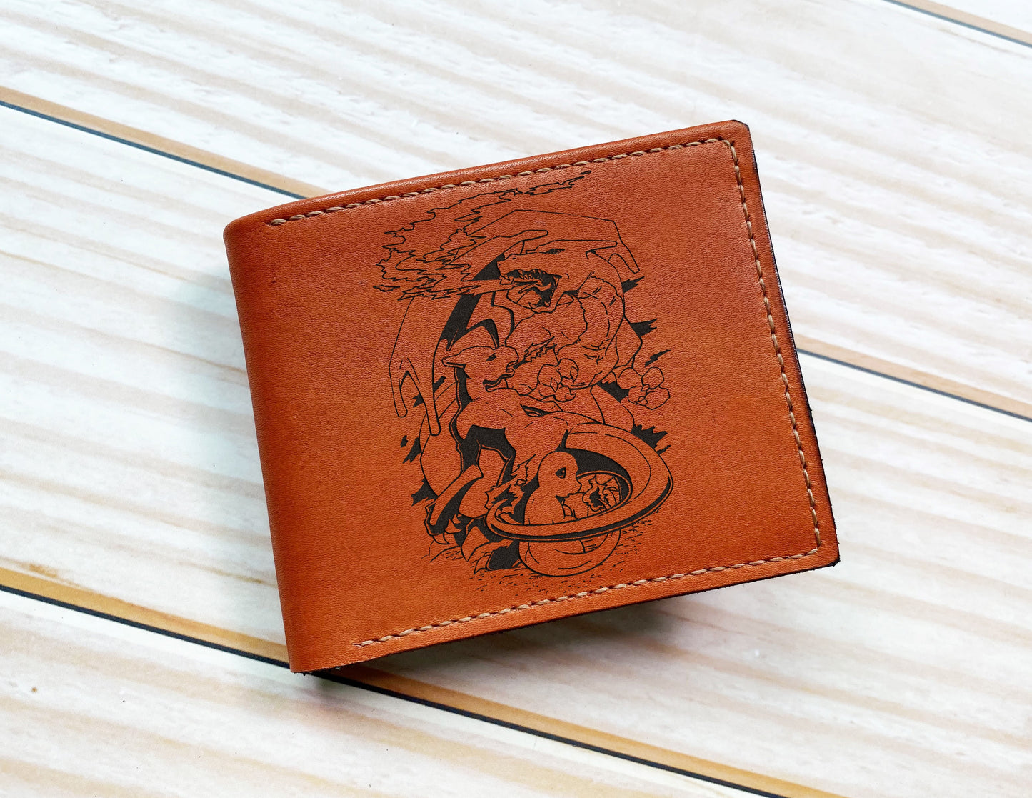 Charizard Chamander pokemon art leather wallet, personalized leather gift ideas, bifold genuine leather wallet, gift for him
