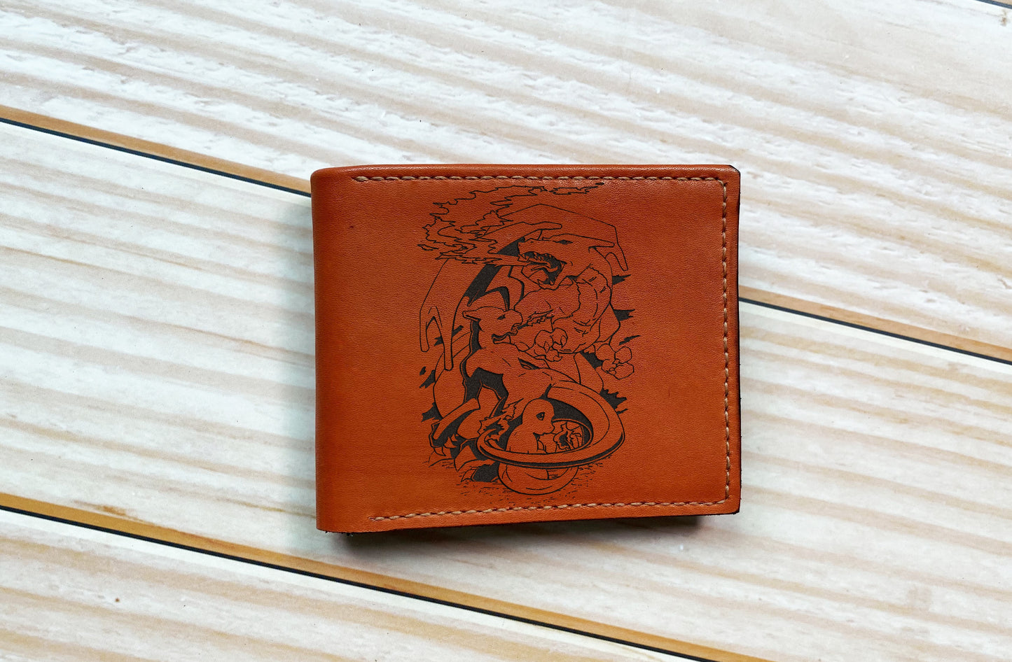 Charizard Chamander pokemon art leather wallet, personalized leather gift ideas, bifold genuine leather wallet, gift for him