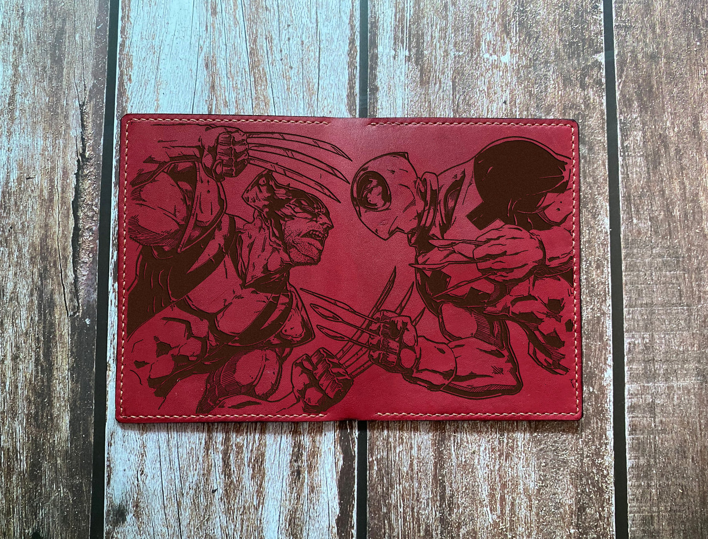 Deadpool Wolverine leather wallet, custom engrave wallet, superheroes leather gift ideas, deadpool travel wallet