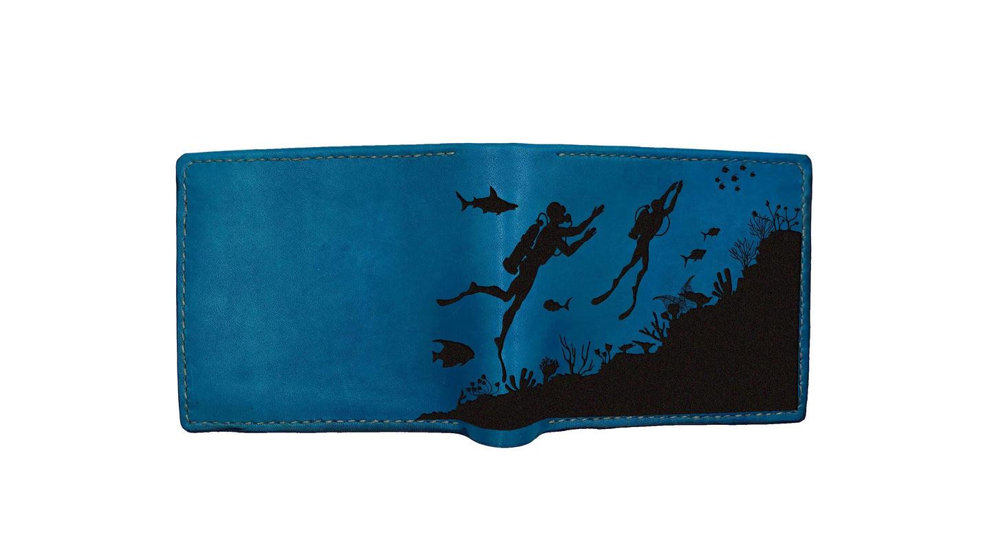Diving ocean leather men's wallet, sea summer inspired gift ideas, summer wallet for men, beach coral art present for dad,husband, boyfriend