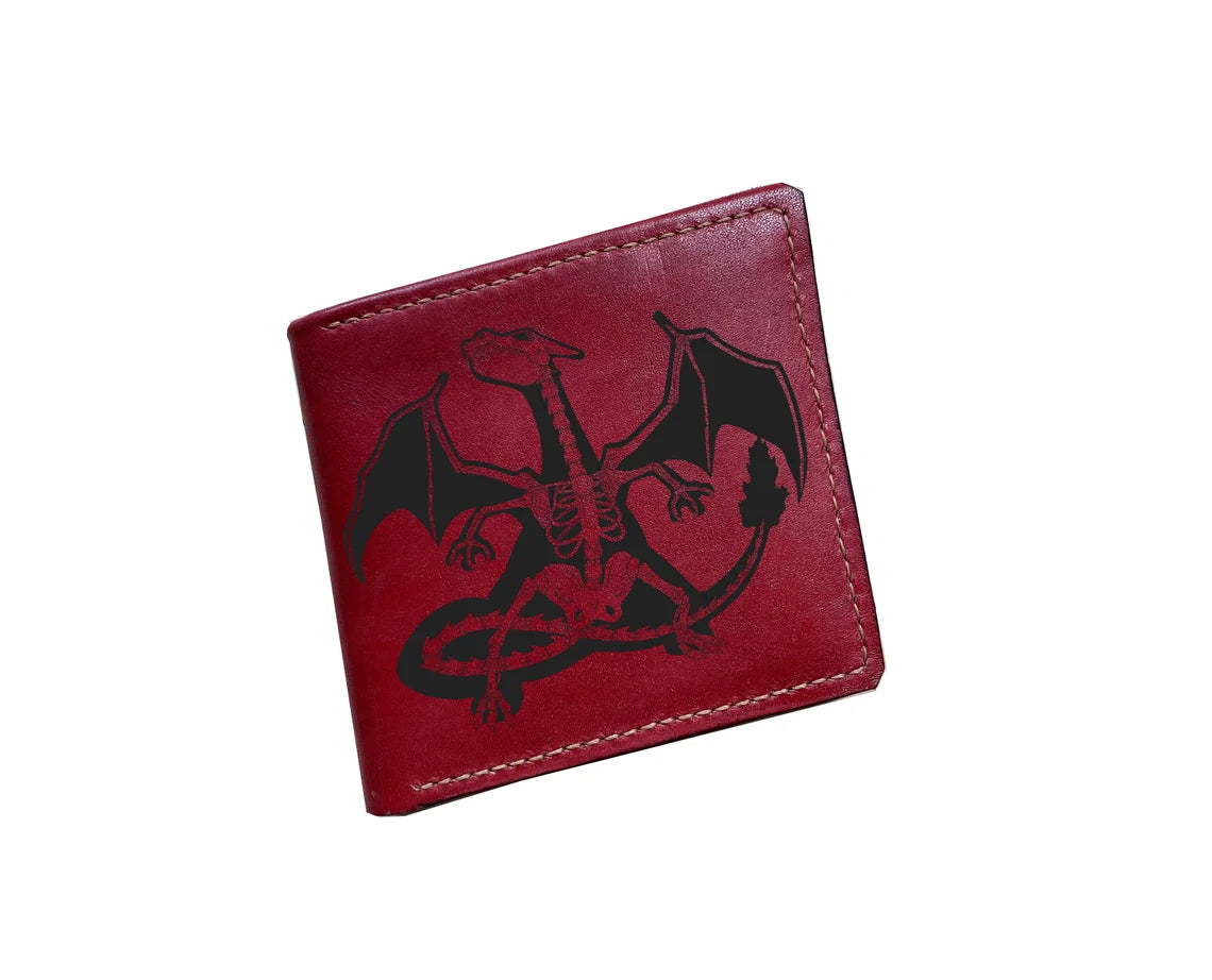 Customized name engrave leather men's wallet, pokemon leather wallet, charizard skeleton art wallet, wallet for boy, pokemon gift ideas