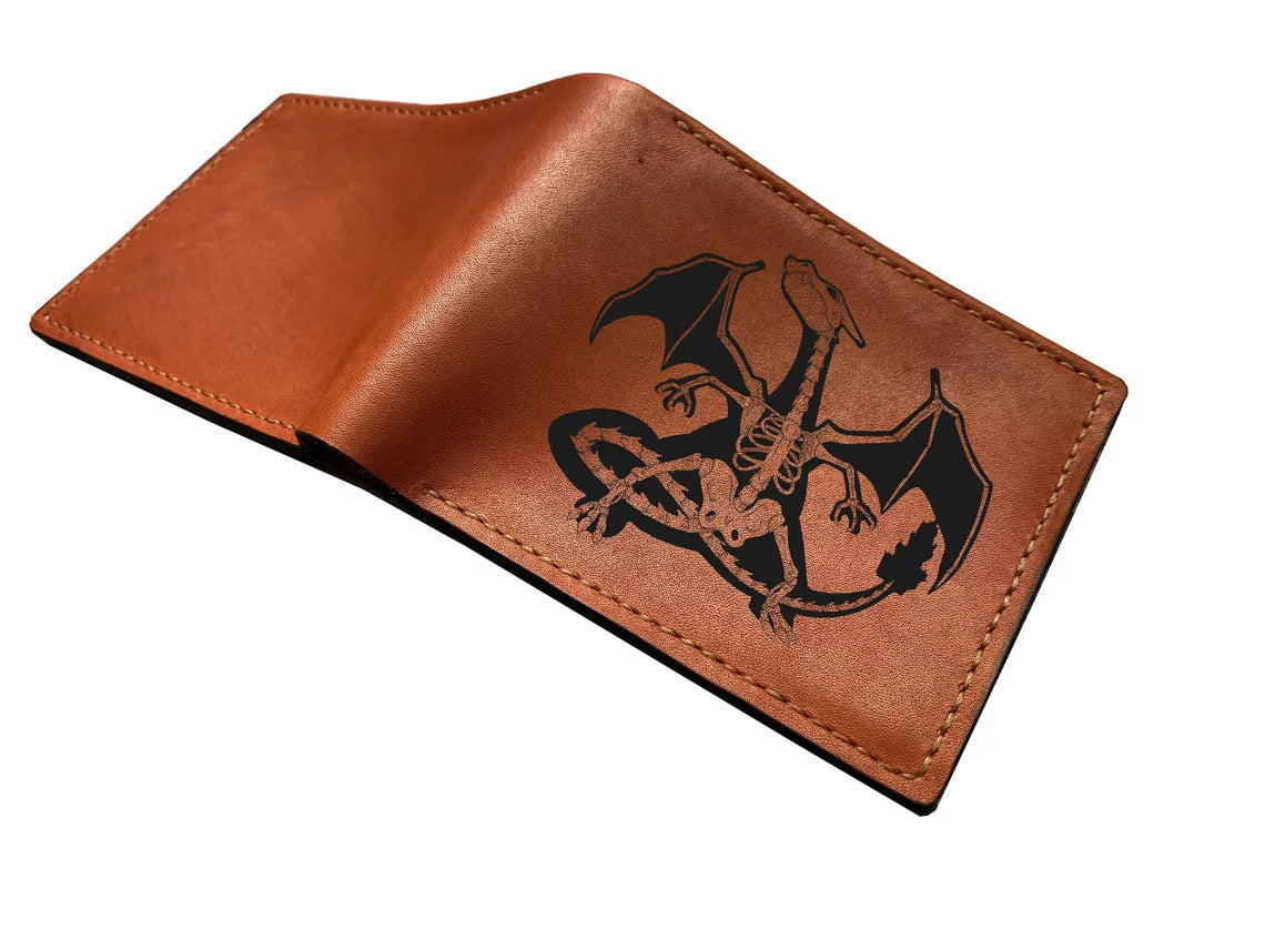 Customized name engrave leather men's wallet, pokemon leather wallet, charizard skeleton art wallet, wallet for boy, pokemon gift ideas
