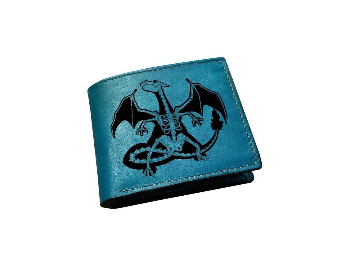Customized name engrave leather men's wallet, pokemon leather wallet, charizard skeleton art wallet, wallet for boy, pokemon gift ideas