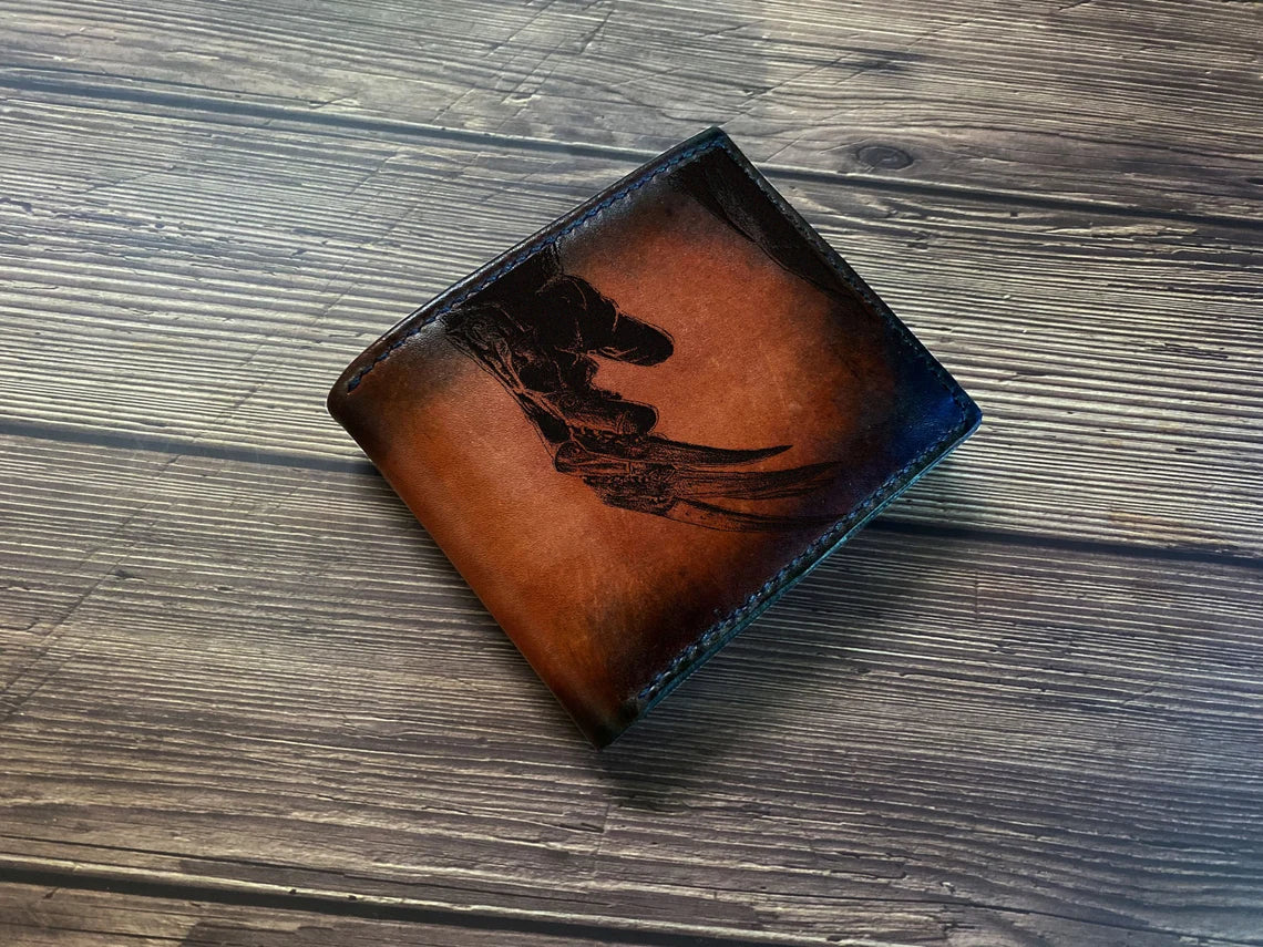 Freddy Krueger handmade men's wallet, custom engrave wallet, horror characters leather wallet, gift ideas for him, Nightmare on Helm Street