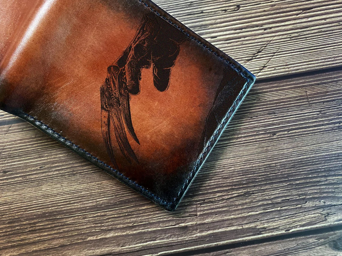Freddy Krueger handmade men's wallet, custom engrave wallet, horror characters leather wallet, gift ideas for him, Nightmare on Helm Street