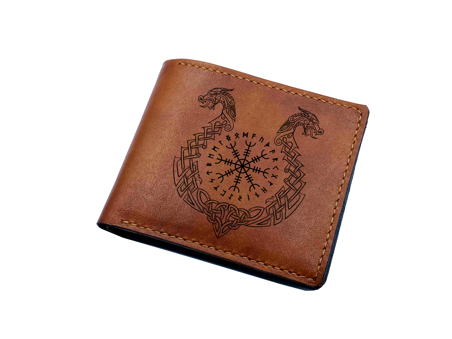 Custom leather men's wallet, norse runes celtic viking symbol wallet, bifold engraved wallet, gift for him