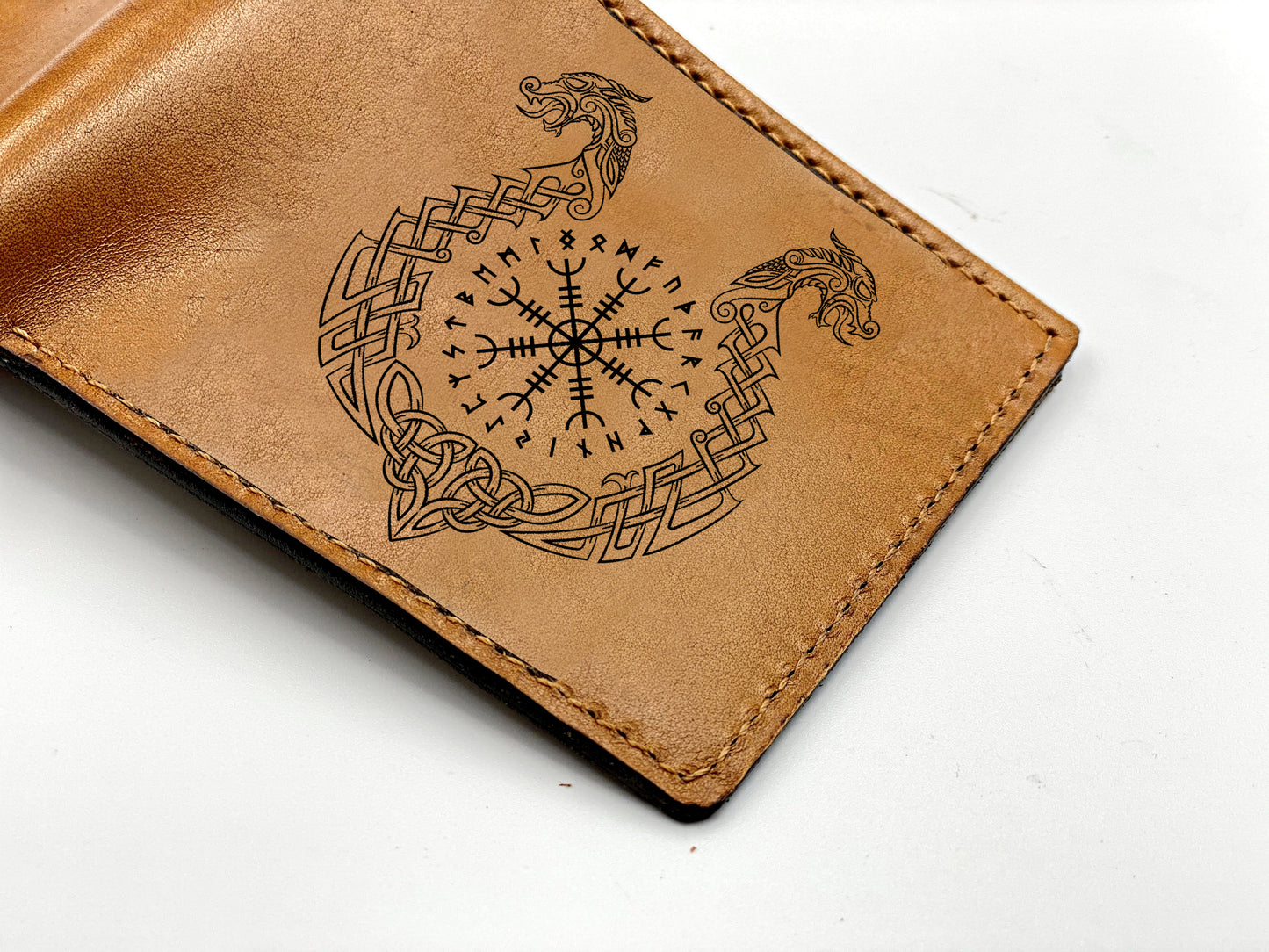 Custom leather men's wallet, norse runes celtic viking symbol wallet, bifold engraved wallet, gift for him