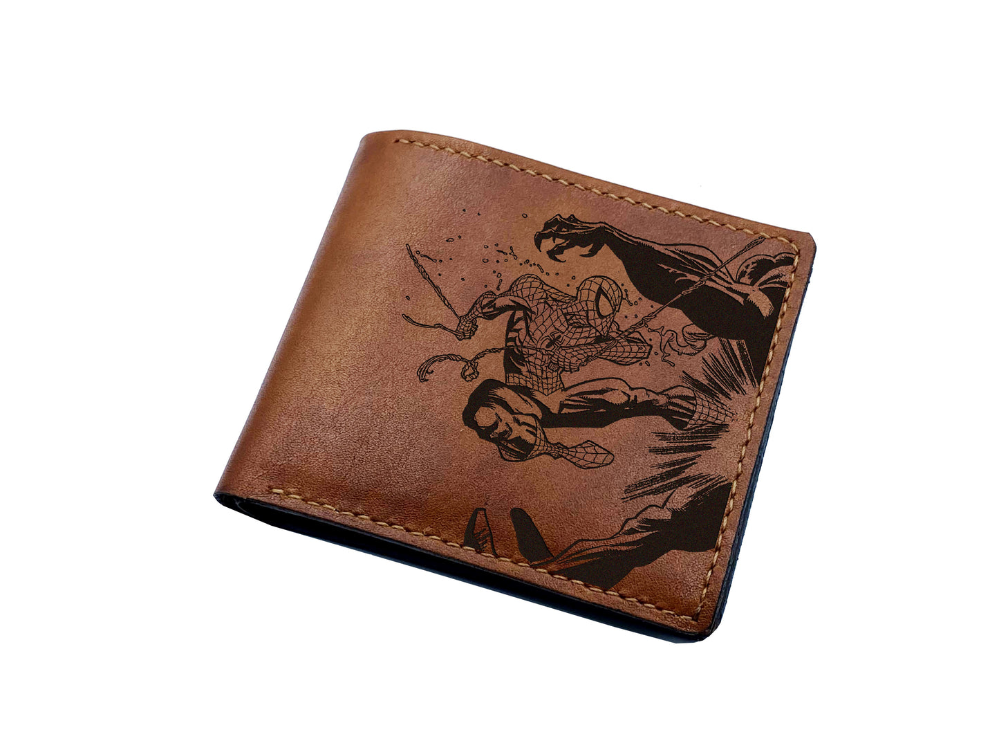 Spiderman fighting venom leather handmade wallet, custom superheroes gift ideas, Spiderman wallet for boyfriend, gift for husband, father