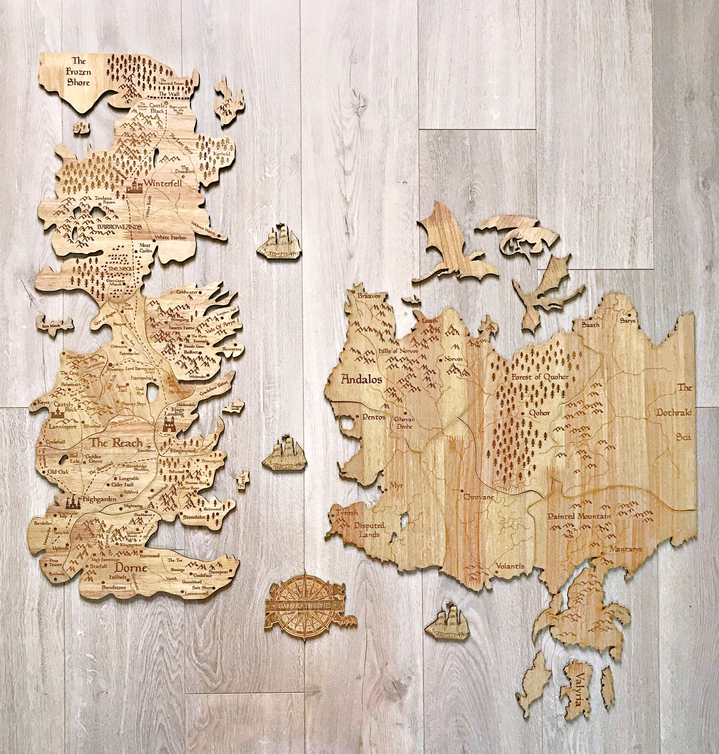 Mayan Corner - Westeros seven kingdom wooden map wall decor, Essos G.G Martin wall art, Game of Thrones details map wall decoration