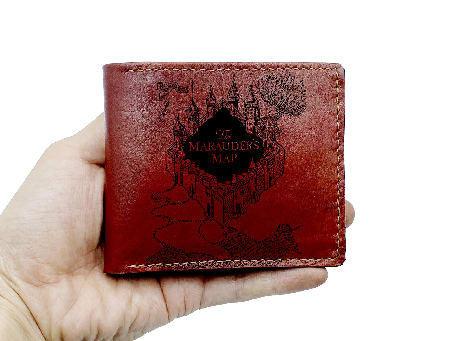 Mayan Corner - Customized leather handmade wallet, Harry Porter pattern art wallet, wizard movie drawing wallet, leather gift for him