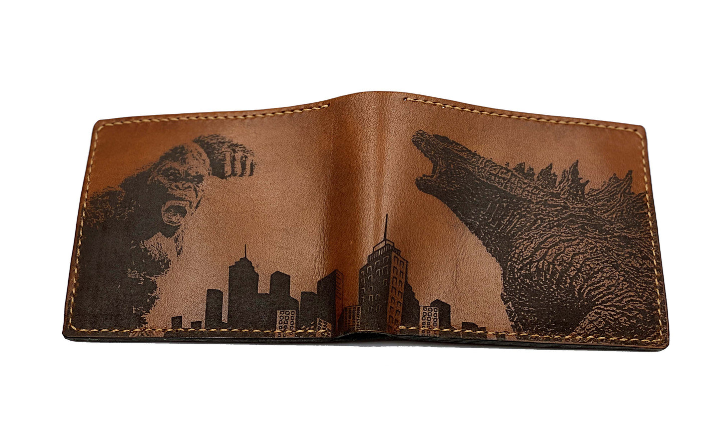 Mayan Corner - King kong vs Godzilla monster leather handmade men's wallet, custom gifts for him, father's day gifts, anniversary gift for men