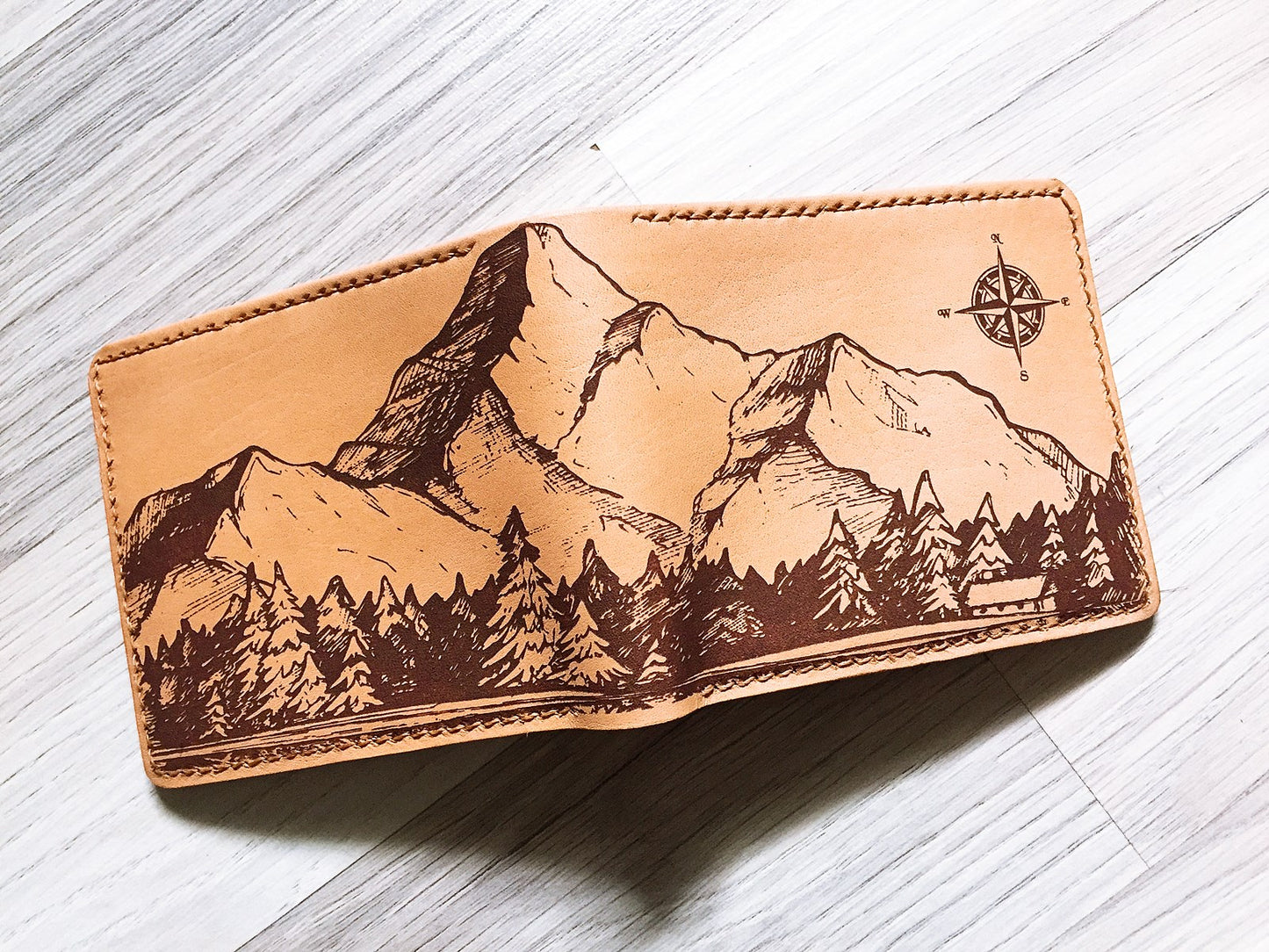 Mayan Corner - Mountain landscape natural leather handmade men's wallet, custom gifts for him, father's day gifts, birthday gift 2021