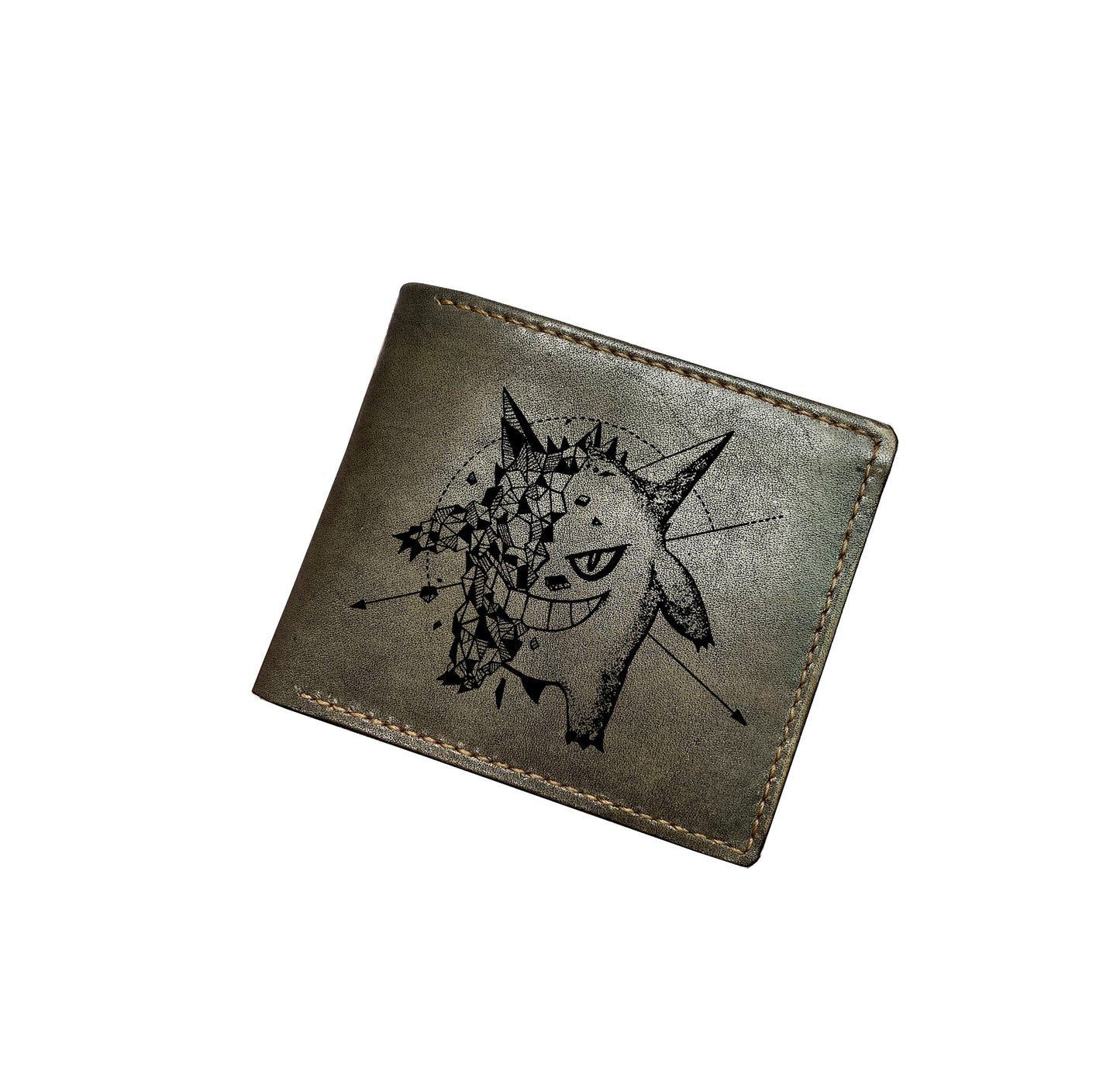 Mayan Corner - Pokemon geometric art leather handmade wallet, leather gift for dad, husband, brother - Gengar ghost pokemon