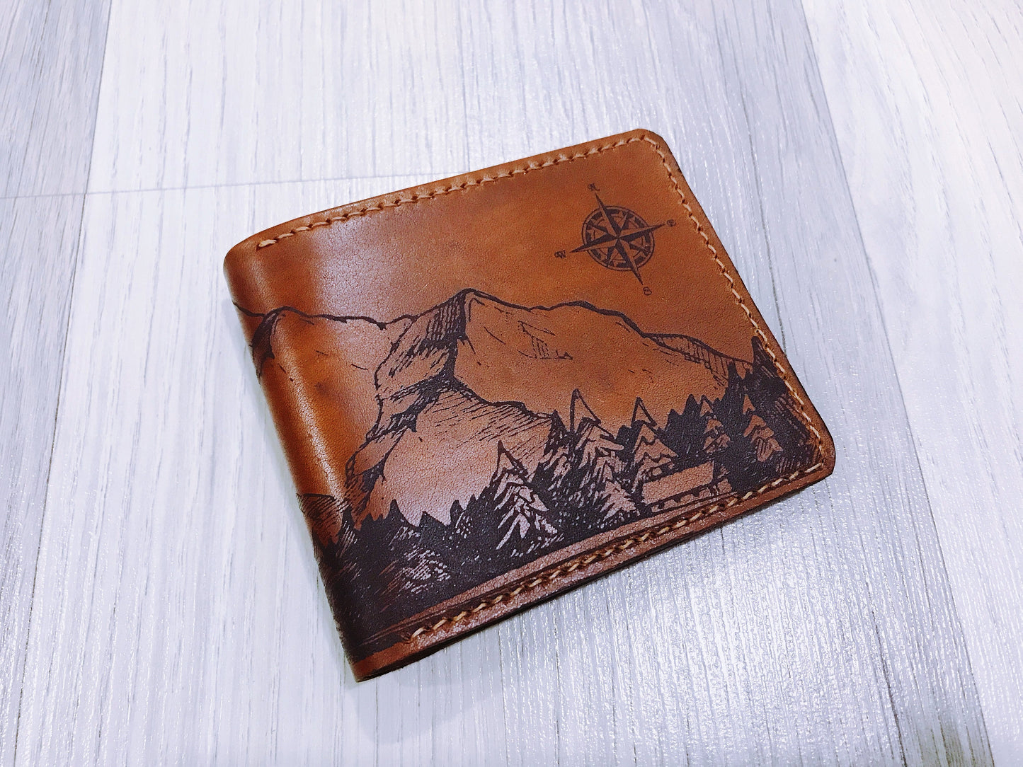 Mayan Corner - Mountain landscape natural leather handmade men's wallet, custom gifts for him, father's day gifts, birthday gift 2021