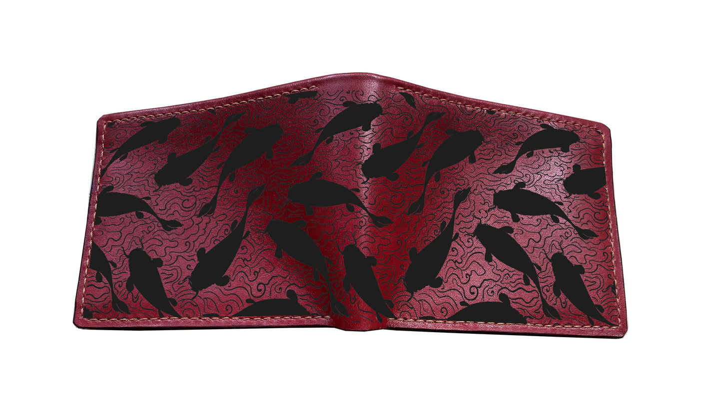 Mayan Corner - Koi fish minimalist design wallet, bifold leather wallet, japanese style leather gift for dad, husband, brother