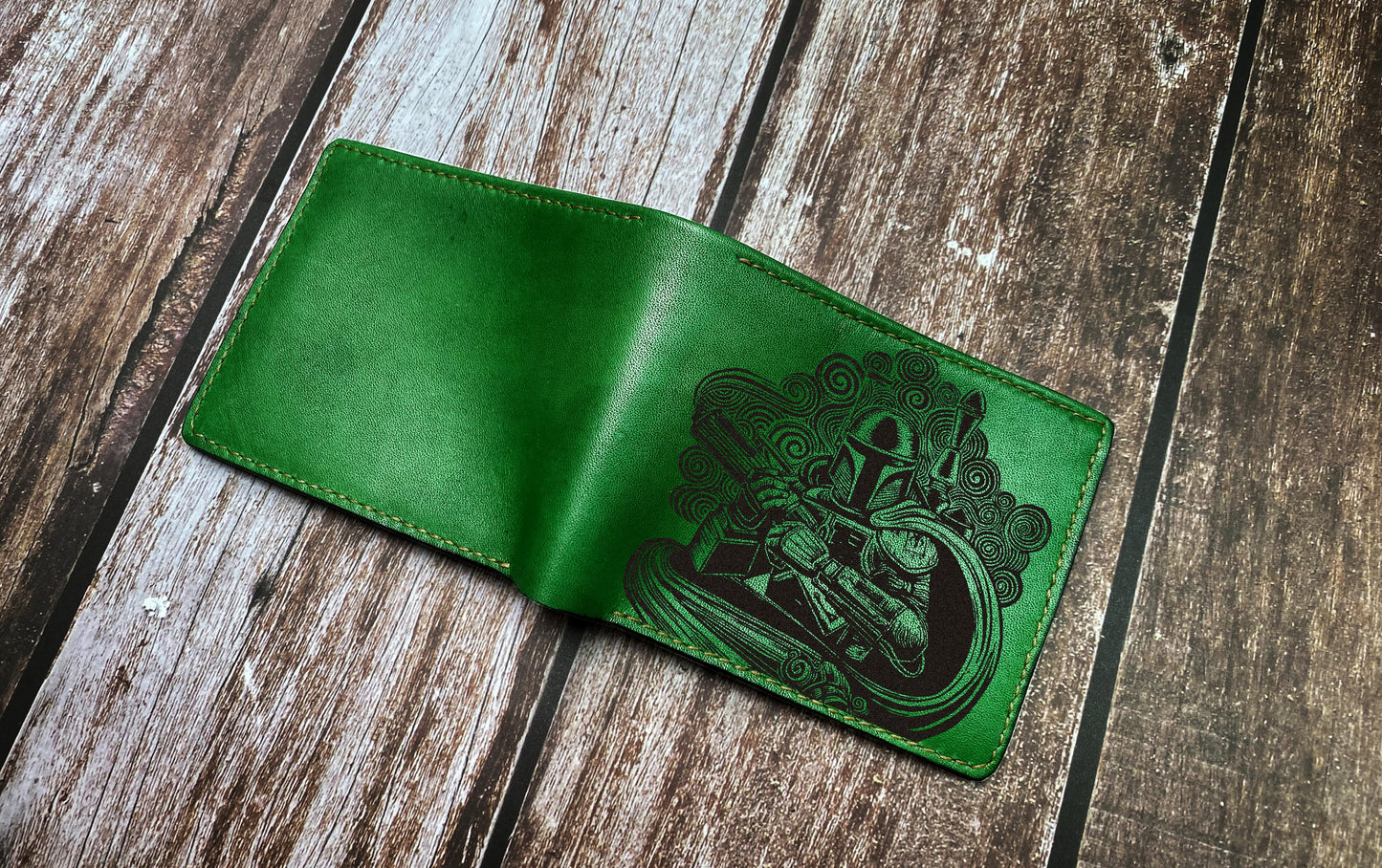 Starwars Mandalorian leather men's wallet, Boba Fett linocut drawing art, Starwars leather gift ideas for men