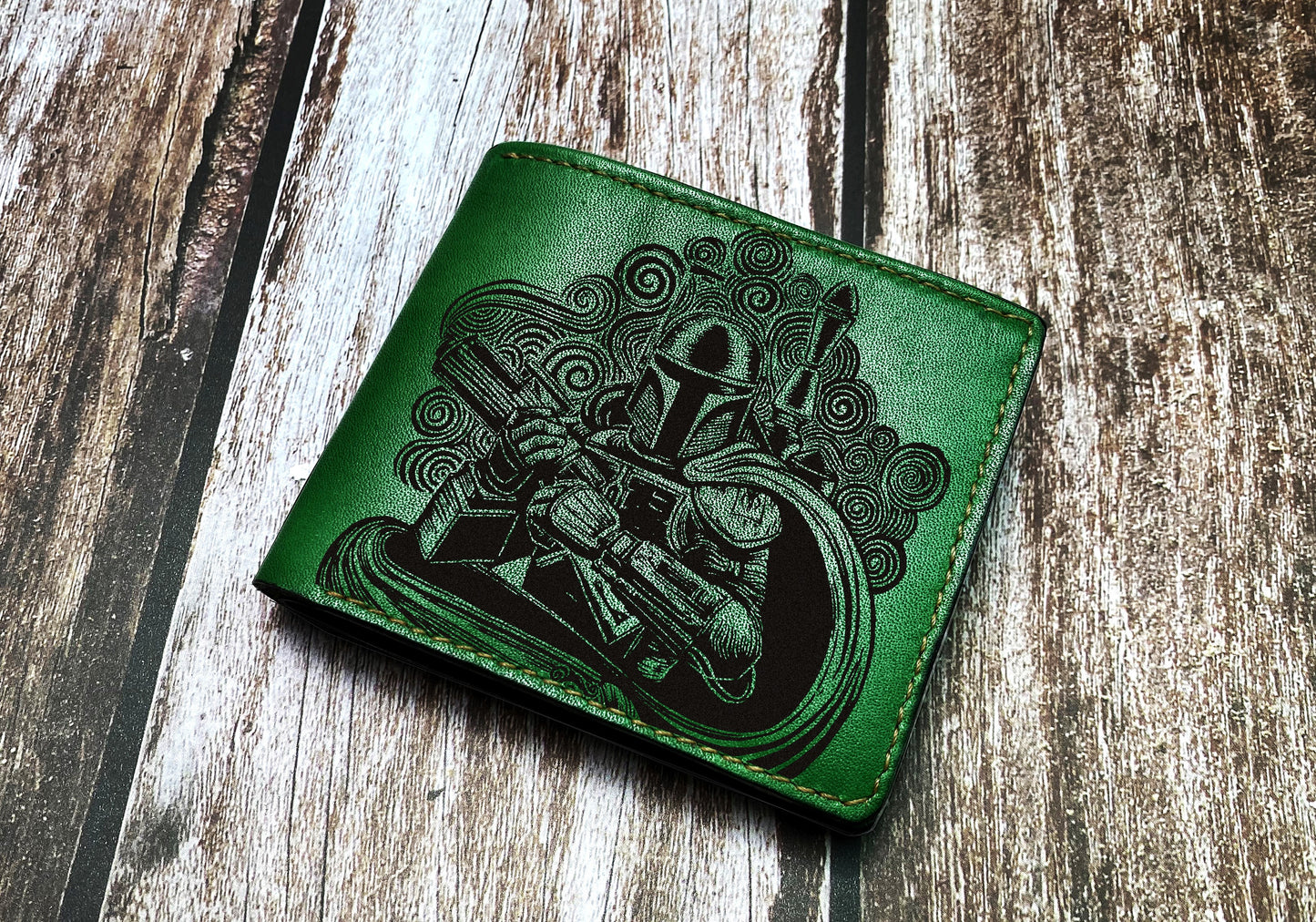 Starwars Mandalorian leather men's wallet, Boba Fett linocut drawing art, Starwars leather gift ideas for men