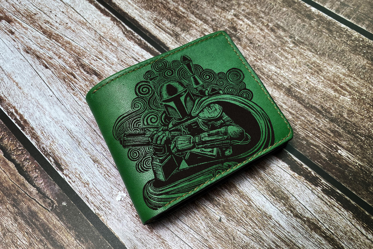 Starwars Mandalorian leather men's wallet, Boba Fett linocut drawing art, Starwars leather gift ideas for men