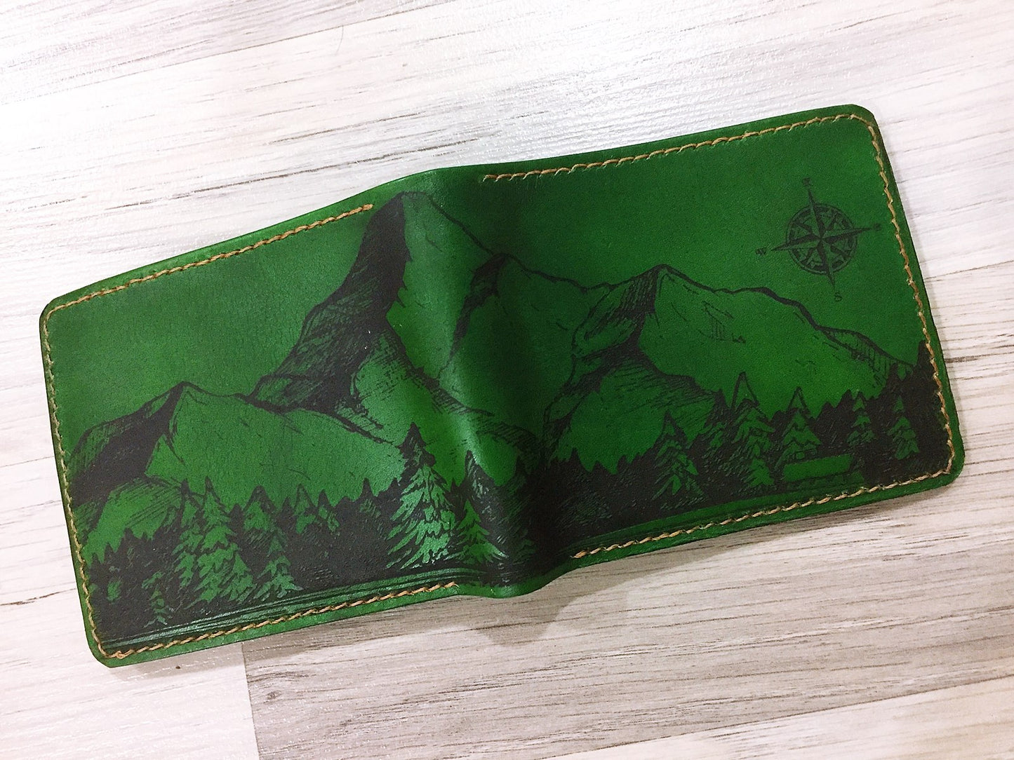 Mayan Corner - Mountain landscape natural leather handmade men's wallet, custom gifts for him, father's day gifts, birthday gift 2021