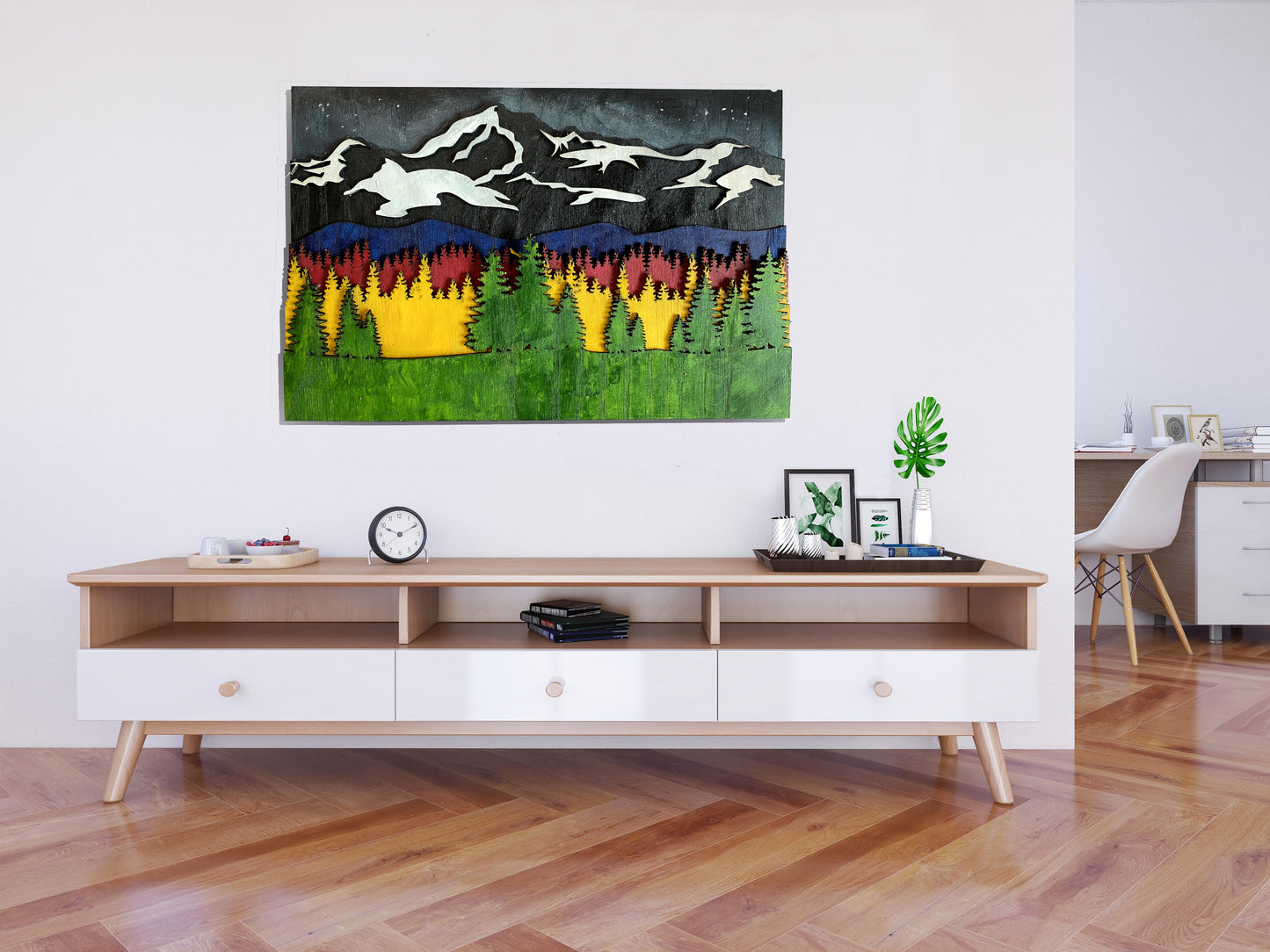 Wooden wall art home decor, Mountain tree landscape 3D multi layers hanging wooden picture, nature scene wall art decor, livingroom kitchen bedroom morden art