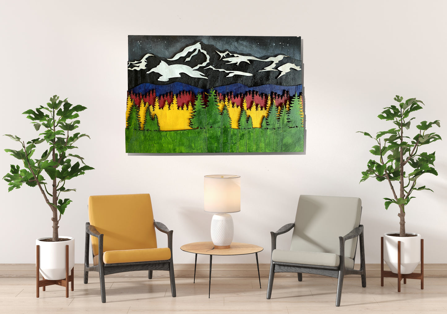 Wooden wall art home decor, Mountain tree landscape 3D multi layers hanging wooden picture, nature scene wall art decor, livingroom kitchen bedroom morden art