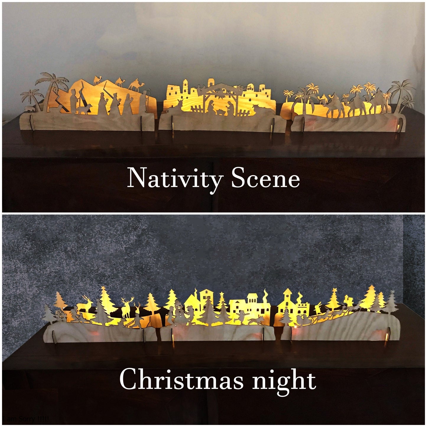 Christmas Wooden Decorations, Fireplace Mantel Decorating, Mantelpiece ideas, Christmas light Nativity Scene Xmas night Window Wooden ornaments