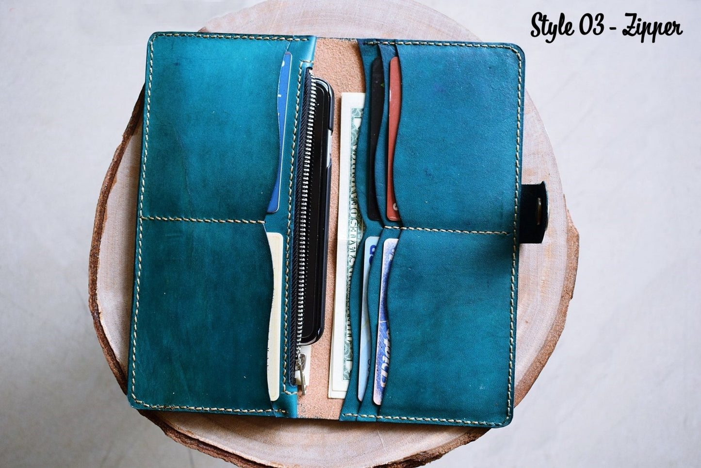 Personalized leather handmade long bifold flowers wallet for women, gift for her, mother's day gift